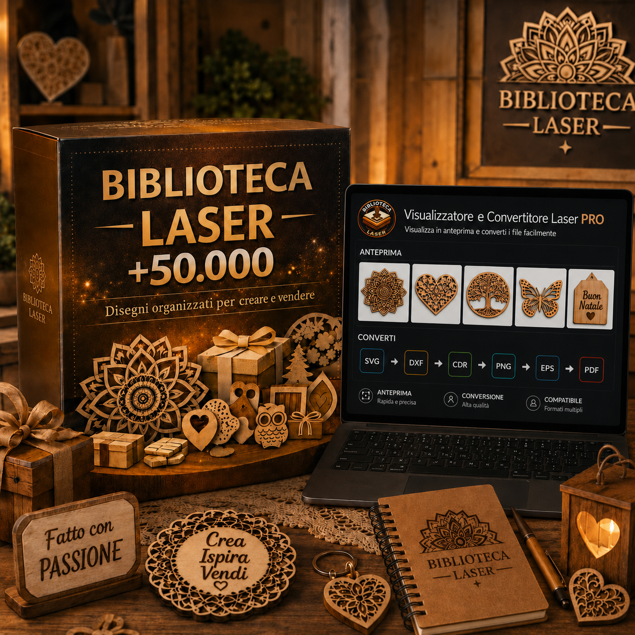 BIBLIOTECA LASER +50.000 DISEGNI + Visualizzatore e Convertitore + 5 BONUS GRATIS